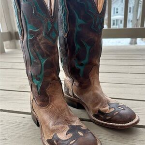 Boulet Cowgirl turquoise/brown tooled leather western boots, size 7